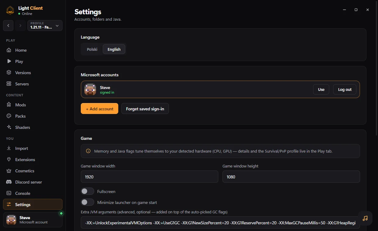 Light Client — Settings